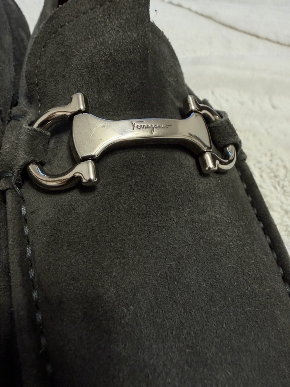 $850 Salvatore Ferragamo Gancini Ornament Bit Suede Driving Loafers Gray 10 11 - Picture 8 of 16